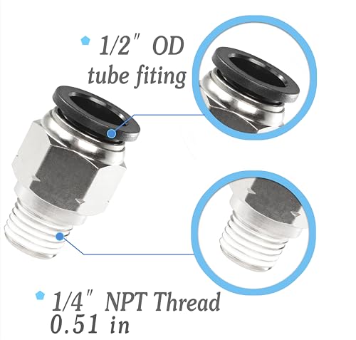 1/2 Air hose fittings, Push to Connect Air fittings Male Straight 1/2 Inch Tube OD x 1/4 Thread Fitting (Pack of 5) - size: OD 1/2 - NPT 1/4, style: Male thread
