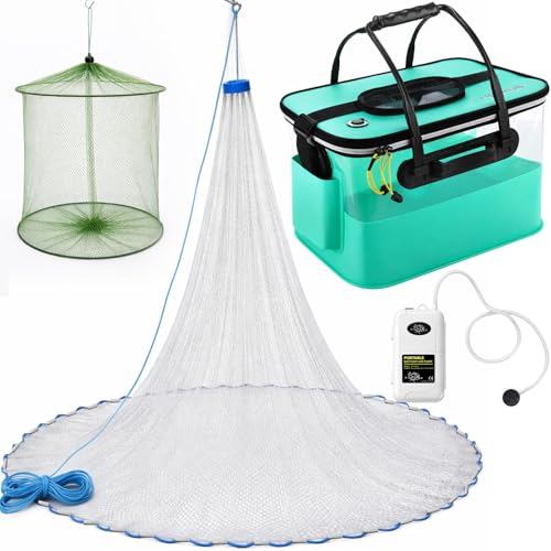 3 Pcs Fishing Bucket, Live Bait Aerator and Fishing Cast Net with Heavy Duty Sinker Foldable Live Bait Bucket Portable Quiet Aerator Fish Transport Container Outdoor EVA Bag - color: Blue