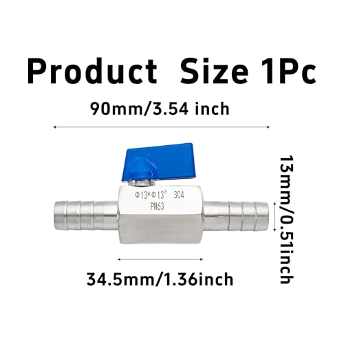 1/2” 304 Stainless Steel Mini Barb Ball Valve, Hose Shut Off Valve with Clamps, Corrosion Resistant Shut-Off Switch for Water, Gas, Fuel, Drip Irrigation - size: 1/2”