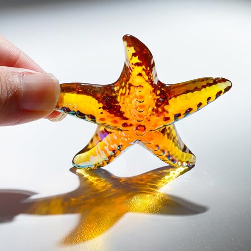 H&D HYALINE & DORA Amber Blown Glass Starfish Figurine Miniature Ocean Animals Collectible Figurine Tiny Glass Starfish for Tables, Desks Home Decor - color: Amber