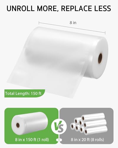 Syntus 8" x 150' Vacuum Sealer Bags for Food with Cutter, Vacuum Sealer Bags Roll Keeper BPA-free Heavy-duty Commercial Grade for Food Storage, Meal Prep and Sous Vide - size: 8" x 150'