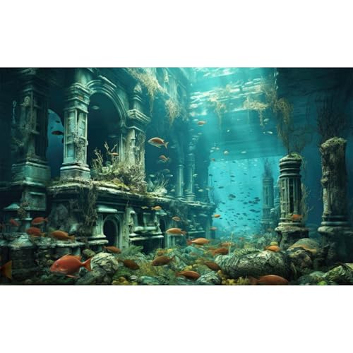 Under The Sea Aquarium Background Sunken Ancient City Ruins Fish Tank Background Forgotten Underwater City Fish Schools Swimming Terrarium Backgrounds Marine Ruins Reptile Tank Backgrounds 24x12in - color: Light Blue_Green, size: 24(W)x12(H)in