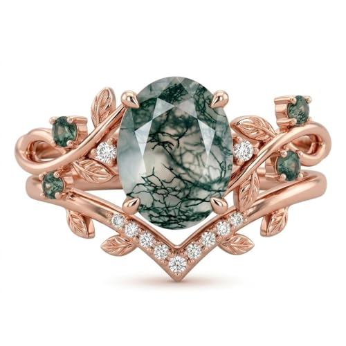 Natural Moss Agate Engagement Ring Set for Women, Unique Genuine Moss Agate Ring, 925 Sterling Silver 10K 14K 18K Solid Gold Nature Inspired Bridal Set, Boho Wedding Jewelry Gift - color: Five