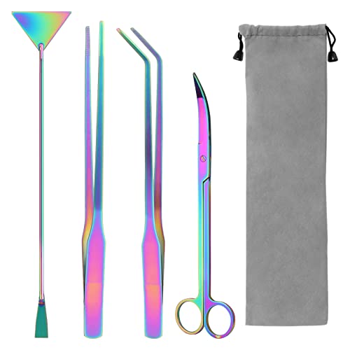 Aquarium Aquascape Tools Kit 15 in, 4in1 Anti-Rust Aquatic Plant Aquascaping Tool Stainless Steel Silver Tweezer Scissors Spatula for Aquarium Tank Clean (15in, Colorful) - color: Colorful