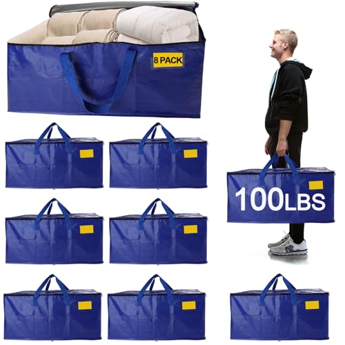 8 Pack Waterproof Moving Bags with Strong Zippers and Reinforced Handles, Real 100lb Capacity Extra Heavy Duty Large Storage Totes for Packing & Moving Storing, Alternative to Moving Boxes -95L,Blue - color: Blue, size: 8 Pack