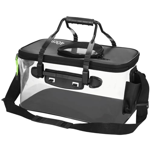 OMISTAR Foldable Fishing Bucket, Collapsible Transparent EVA Fish Storage Bag, Live Fish Container with Aeration Hole & Shoulder Strap, Live Bait Bucket for Fishing, Camping