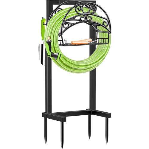 TomCare Garden Hose Holder Upgraded Water Hose Holder Heavy Duty 4 Spikes Hose Hanger Holds 160 Feet Hoses Stable Freestanding Hose Storage Organizer for Outside Yard - color: Black