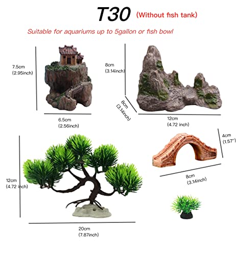 AWXZOM Small Japanese Fish Tank Decorations Set, Suitable for Aquariums up to 5 Gallon or Fish Bowl, Includes Small Decorations Artificial Plastic Plants Fish Tank House