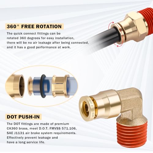 CheeMuii 64 PCS Brass DOT Air Line Fittings with 100FT 1/4" and 50FT 3/8" DOT Air Line Kit Push Lock Quick Connect & NPT Thread Fittings with Pneumatic Tubing Set - size: 2ROLL-67PCS