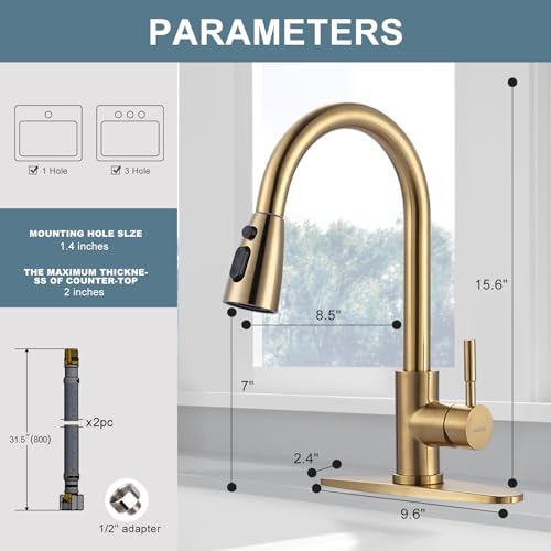 WOWOW Brushed Gold Kitchen Faucet With Sprayer, Stainless Steel High Arc Single Handle Sink Faucet for 1 or 3 Hole, Luxurious Gold Utility RV Kitchen Tap - color: Gold, style: Kitchen Faucet