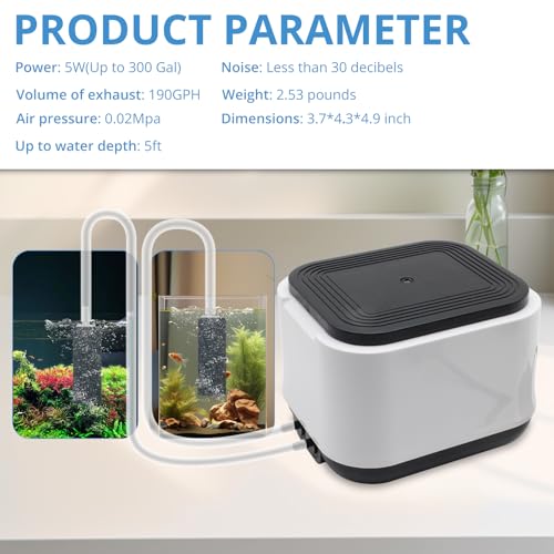 Aquarium Air Pump for Fish Tank, 2 Outlets Adjustable Bubbler, Ultra Quiet & Powerful (3W/5W/10W), Includes Air Stones/Tubing/Check Valve, 108GPH-260GPH for 300-600 Gallon Tanks - size: 5W-Up to 300Gallon