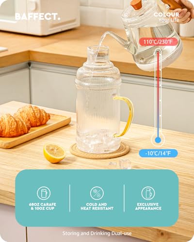 Baffect Bedside Water Carafe And Glass Set, High Borosilicate Glass Pitcher For Hot Or Cold Beverage, 68oz Water Bottles With 10 Oz Tumbler For Nightstand, Kitchen, Mouthwash Dispenser For Bathroom - style: With Lid