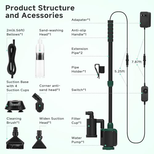 AQQA Fish Tank Cleaner, 34W 600GPH DC Gravel Vacuum for Aquarium, 6 in 1 Aquarium Vacuum Gravel Cleaner Adjustable Water Flow Cleaning Tools for Change Water Wash Sand Water Filter Water Circulation