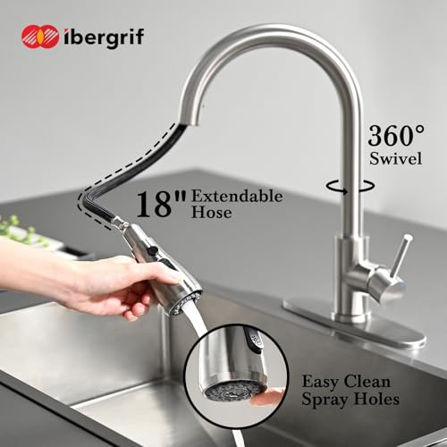 Ibergrif Kitchen Faucets with Pull Down Sprayer, Single Handle High Arc Brushed Nickel Stainless Steel 1 or 3 Hole Kitchen Sink Faucet with Deck for RV Laundry Farmhouse Bar