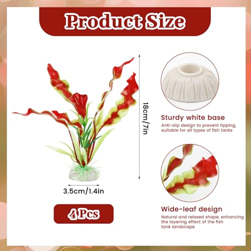 4 Pack Plastic Aquarium Plant Set, 7.1 Inch Deep Red Artificial Fish Tank Plants with Base for Aquarium Decor Accessories Fish Tank Decorations - color: Dark Red