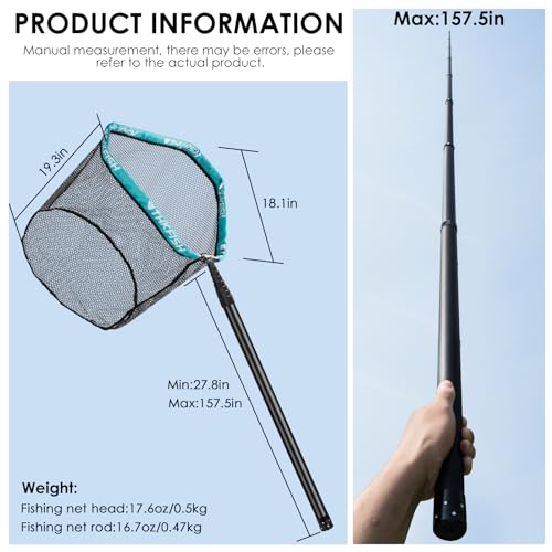THKFISH Carbon Fiber Fishing Net - Long Handle, Portable Telescopic Landing Net - 27 to 157.5 Inch - Aluminum Mesh Frame Rubber Coated - size: 157.5” Telescopic Handle/19.7” Hoop Size