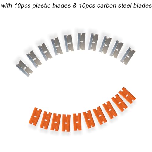 Razor Blade Scraper Tool Long Handle Sticker Scraper,Long Scraper Razor Scraper Tool with 10pcs Carbon Steel Razor Scraper Blades & 10pcs Double-Edged Plastic Blades