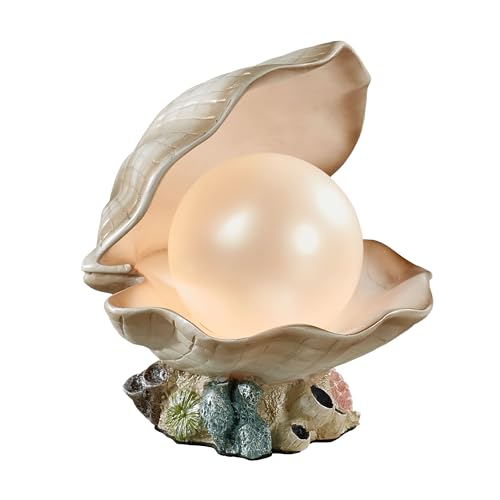 Clamshell Pearl Accent Lamp Night Light Ivory - Handcrafted Resin Clam - Coastal Style Lighting - Nautical Theme - Ocean Nightlight Bulb Included with Beach Shell Decoration - 7 Inches High