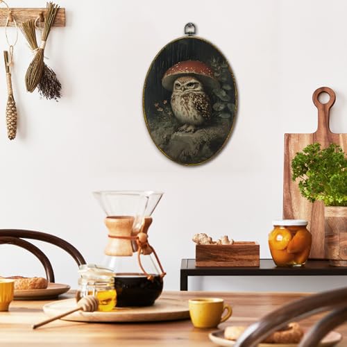 XFCICRLJ Vintage Owl Mushroom Wall Art Decor, Dark Academia Cottagecore Owl Oval Canvas Prints Framed, Moody Forest Mushroom Bird Wall Art Decorations for Home Bedroom Living Room Decor, 11x8.5 Inch - color: Owl