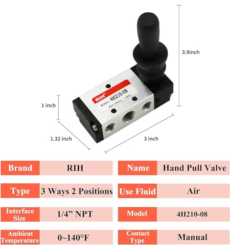 RIH 5 Way 2 Postion Air Hand Lever Operated Valve Pneumatic Solenoid Valve Manual Control Push Pull Valves 4H210-08 (1/4"NPT)