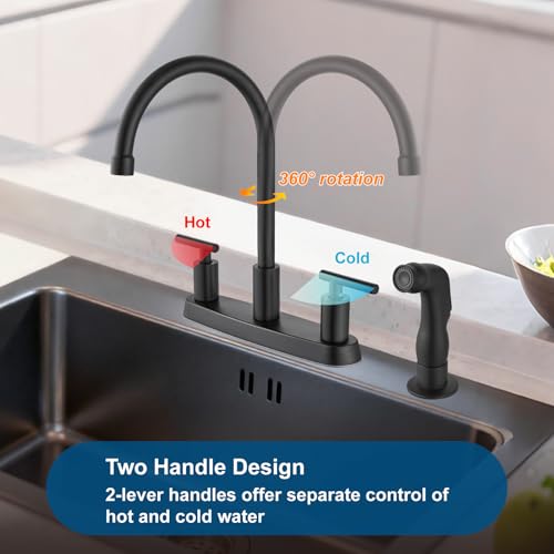Kitchen Faucet, High Arc 360° Swivel Spout, 2-Handle 8 Inch Centerset Kitchen Sink Faucet with Side Sprayer, 3 or 4 Hole Kitchen Faucet for RV, Utility & Laundry Sink, Matte Black - color: Matte Black
