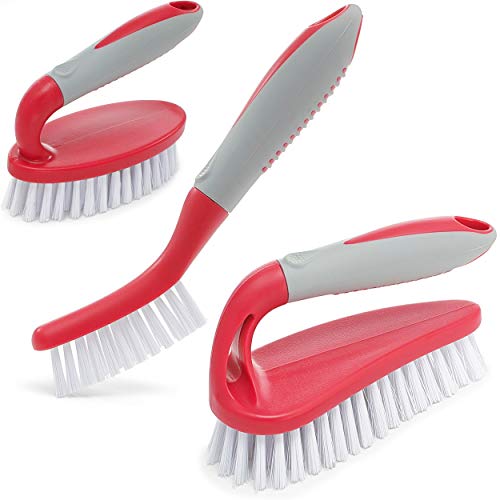 Scrub Brush Set of 3pcs - Cleaning Shower Scrubber with Ergonomic Handle and Durable Bristles - Grout Cleaner Brush - Scrub Brushes for Cleaning Bathroom, Shower, Tile, Kitchen, Floor, Bathtub, Floor - color: Red, Set of 3