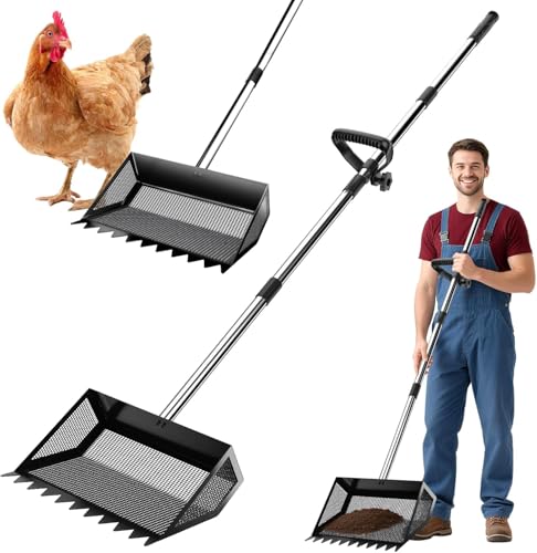 Chicken Poop Scooper Rake 2-in-1,304 Stainless Steel Shovel Head, Chicken Litter Scoop with Handle for Chicken Coop for Sand, Pet Waste Cleaning, Litter Sifting Shovel (35 to 65") (Black, 10inch) - color: Black, size: 10inch