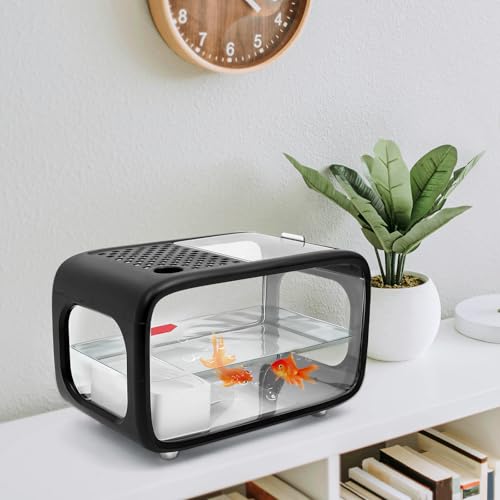 3.2 Gallon Plastic Fish Tank, Small Aquarium for Betta Fish Shrimp & Aquatic Plants, Shatterproof Mini Habitat with Clear Clarity, Desktop Decor for Home Office Plants Succulents (Black) - color: Black
