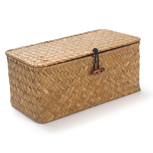 DOKOT Rectangular Handwoven Seagrass Small Storage Basket with Lid for Shelves and Home Organizer Bins,S (10.2"x5.5"x4.3"H), Natural - size: S (10.2"x5.5"x4.3"H)