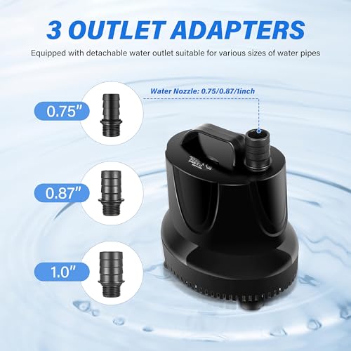 Simple Deluxe 660GPH Bottom Suction Submersible Water Pump 2500L/H 45W, 3 Nozzles with 8.2ft High Lift for Fish Tank, Pond, Aquarium, Hydroponics, Fountains - size: 660GPH-Standard