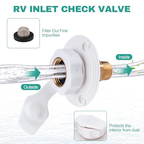RV City Water Inlet with Check Valve, 3/4" NH Female to 1/2" NPT Male, RV Water Inlet Connection for Camper, Trailer, Marine, White