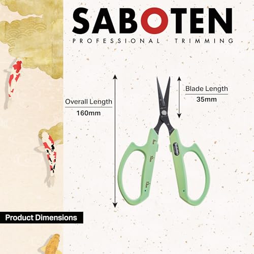 Saboten Fluorine Coated Angled Blade Trimming Scissors Green PT-2 160mm Precision Gardening Bonsai and Floral Shears Made in Japan - color: Green, size: Non-Stick Angled Blade