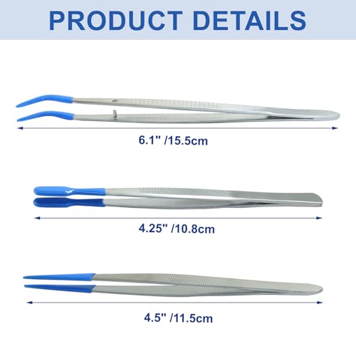 3 Pack Curved Tweezers, Silicone Rubber Bent Tip PVC Coated Soft Tip Tweezers, Non Marring Stainless Steel Tools for Jewelry Crafts/Electronics