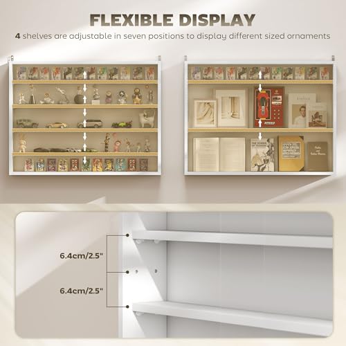 HOMCOM 5-Tier Display Cabinet, Glass Door Cabinet with Adjustable Shelves, Wall-Mounted Display Case for Playroom, Bedroom, White - color: White