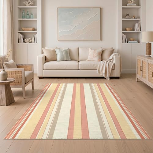 5'x7' Washable Modern Stripe Area Rug, Beige Flatwoven Floor Covering for Dining Room, Under Table, Home Office, Non-Slip Chair-Friendly Carpet | Ref:1993949 - color: Beige/Pattern 23, size: 5' x 7' (Rectangular)