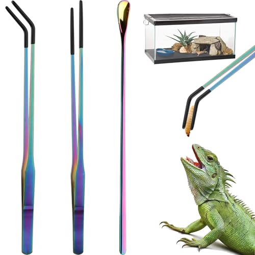 10.6" Colorful Reptile Feeding Tweezers Set with Spoon(3 Pack) | Terrarium & Aquarium Essential Feeding Tools,Appropriate Length,Stainless Steel,Straight & Curved,Soft Rubber Tips