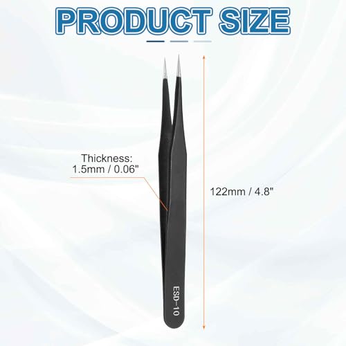HARFINGTON 3pcs 4.8" Long ESD-10 Anti-static Straight Pointed Tip Tweezers Stainless Steel Round Edge Non-magnetic Precision Tweezers for Various Electronics Precise Repair - size: 4.8"（ESD-10)