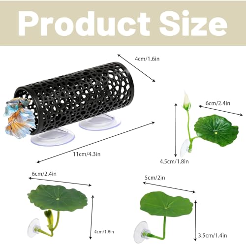 4 Pcs Betta Hammock, Betta Fish Tank Accessories, Betta Fish Hammock with Lotus Decor, Aquarium Decor Set for Betta Fish, Small and Shrimp, Includes Black Tunnel and 3 Lotus Decorations for Play
