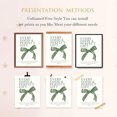 LARTSFRO Coquette Green Bow Wall Art Decor Posters, Olive Green Bow Christian Room Bedroom Bathroom Dorm Wall Art Decor Aesthetic for College Teen Girls Gifts, Inspirational Bible Verses Bow Wall Decor, 10x8 Inch Set of 4 Pcs Bow Pictures (UNFRAMED) - col