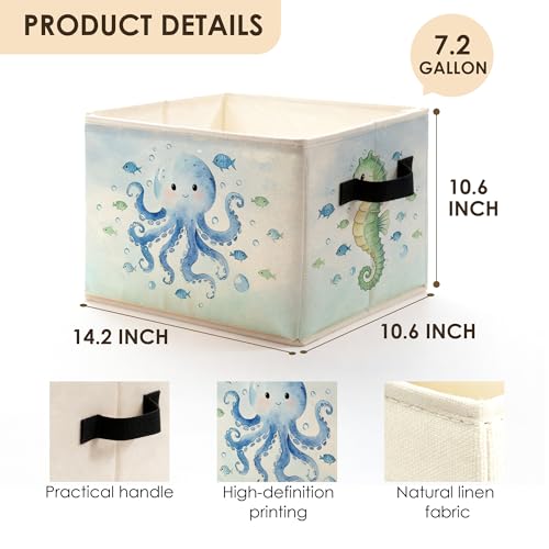 Blue Coastal Beach Animal Storage Bins Box with Handles, Sea Turtle Octopus Seahorse Nautical Ocean Foldable Basket Toybox for Kids Room Nursery Bathroom Home Clothes Toys Books - color: color-1