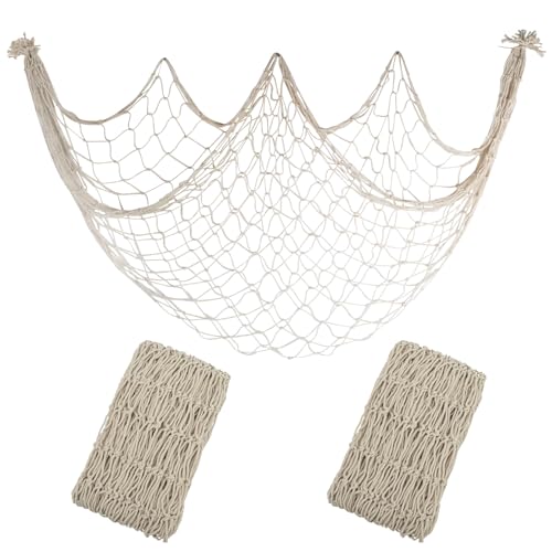 2 Pack Fish Net Decorations - 80x40 Inch Beige Fishing Net Decor for Under The Sea Hawaiian Beach Themed Party, 3mm Natural Cotton Versatile Nautical Netting for Wall Table Ceiling Halloween Decor - color: Beige, size: Large - 2 Pack