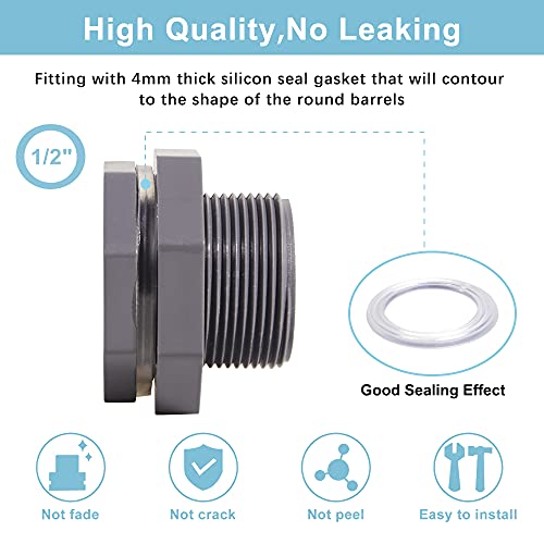 Ququyi 1/2 Inch PVC Bulkhead Water Tank Connector Adapter Fitting with Plugs Thru-Bulk Pipe Fitting for Rain Barrels, Aquariums, Ponds(Set of 3) - size: 1/2"-3pcs