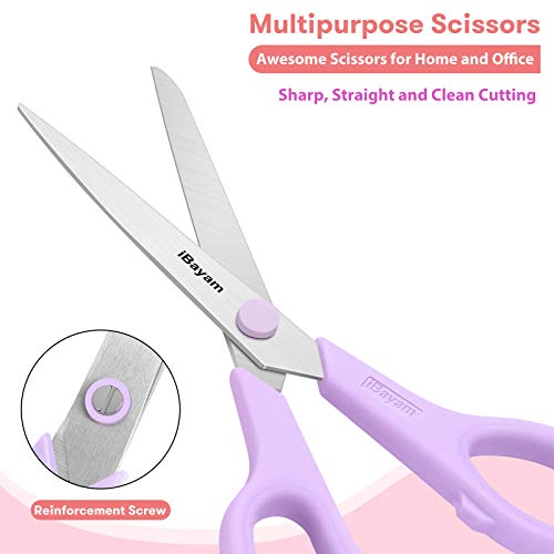 Scissors, iBayam 8" All Purpose Scissors Bulk 3-Pack, Ultra Sharp 2.5mm Thick Blade Shears Comfort-Grip for Aesthetic Fun Cute School Office Teacher Desk Crafts and Art Supplies Accessories Essential - color: Pastel Pink, Soft Purple, Macaron Blue, size: