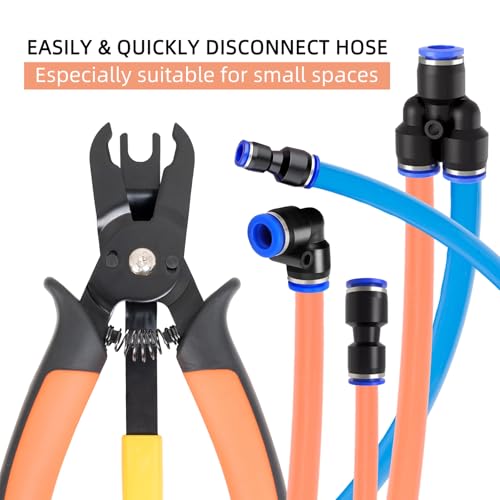 Push to Connect Fittings Air Line Disconnect Tool Kit Push Fitting Removal Tool for 1/4”, 5/16”, 3/8”, 1/2” (6mm, 8mm,10mm,12mm) Quick Connect Release Pliers with 15 Pcs Pneumatic Fittings
