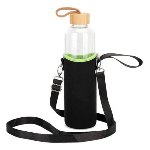 Sursip 32 oz Glass Water Bottle - Nylon Bottle Protection Sleeves, Bamboo Lid, And 1L Time Marked Measurements, Reusable, Eco-Friendly, Safe for Hot Liquids Tea Coffee Daily - color: Black-Bamboo