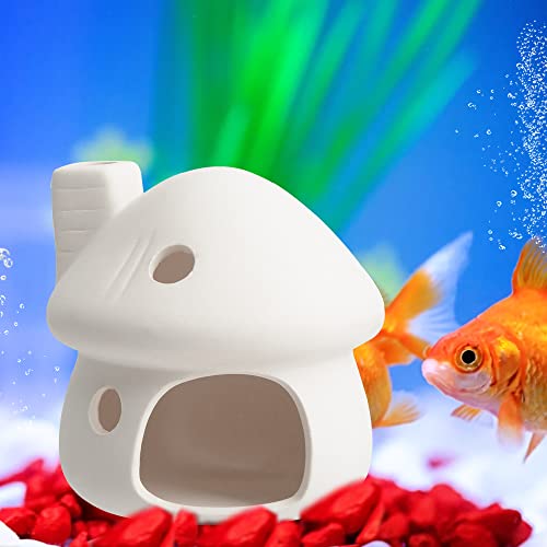 AnRui Natural Fish Tank Decortation Cute Mushroom Ceramic Aquarium Decor Small House Betta Cave Hideout Ornament Accessories for Small Fish, Shrimp, White