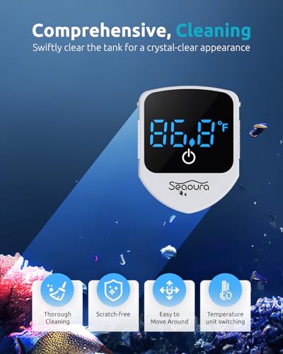SEAOURA 2-in-1 Mini Aquarium Magnetic Cleaner with Digital Thermometer, Fish Aquariums Magnets Brush only for Glass Tank,Tiny Magnet Floating Cleaning Tool for 1-30 Gallons - color: White