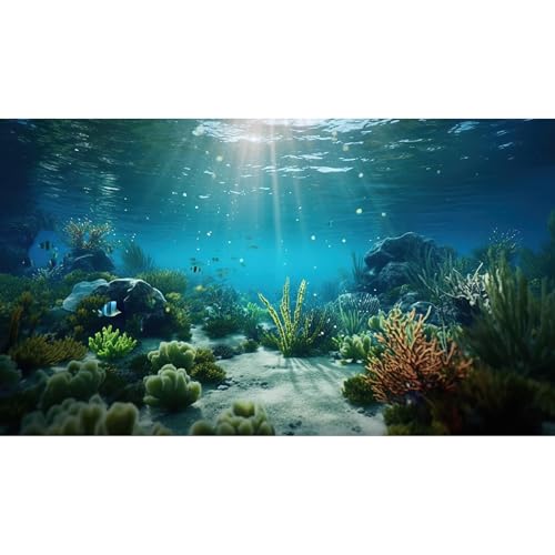 Under The Sea Aquarium Background Deep Sea Coral Reef Fish Tank Background Underwater Rock Aquatic Plants Sunray Terrarium Backgrounds Tropical Fish Deep Ocean Floor Fish Tank Backgrounds 30x12in - color: Ocean Blue, size: 24(W)x12(H)inches/ 60(W)*30cm(H)