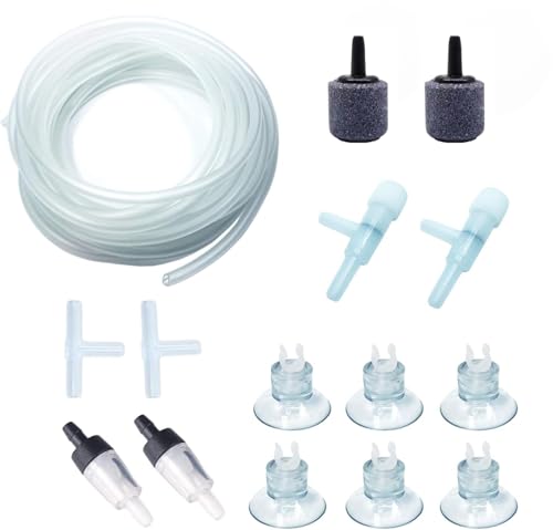 Mipukbay 16 FT Aquarium Airline Tubing Kit - Includes 2 Check Valves, 2 Air Stones, 6 Suction Cups, 2 Adjusting Valves & 2 Splitters, Aquarium Air Pump Accessories for Fish Tank Oxygen Systems