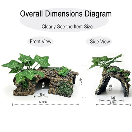 Resin Hollow Tree Trunk Aquarium Decor, Betta Fish Tank Accessories, Reptile Hide for Small Fish to Hide and Rest (Grape Leaves)